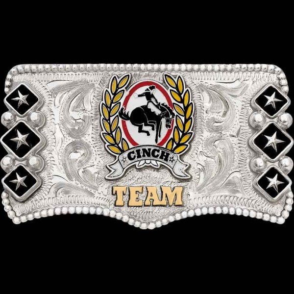 "The Landman Name Tag is handcrafted on a German Silver base with a beaded edge featuring stars in boxes accented with beads. There is plenty of space in the middle of this name tag to add your own Custom logo, Ranch brand, or one of our stock figure